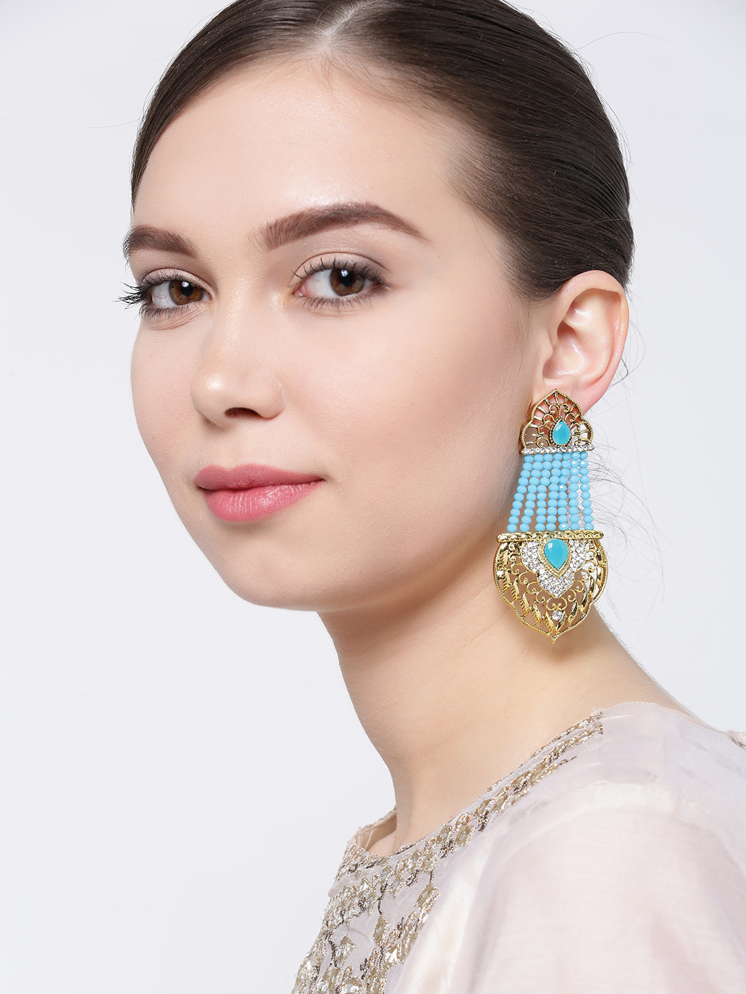 YouBella Blue Gold-Plated Stone-Studded Beaded Drop Earrings